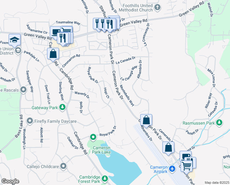 map of restaurants, bars, coffee shops, grocery stores, and more near 3423 Bristol Court in Cameron Park