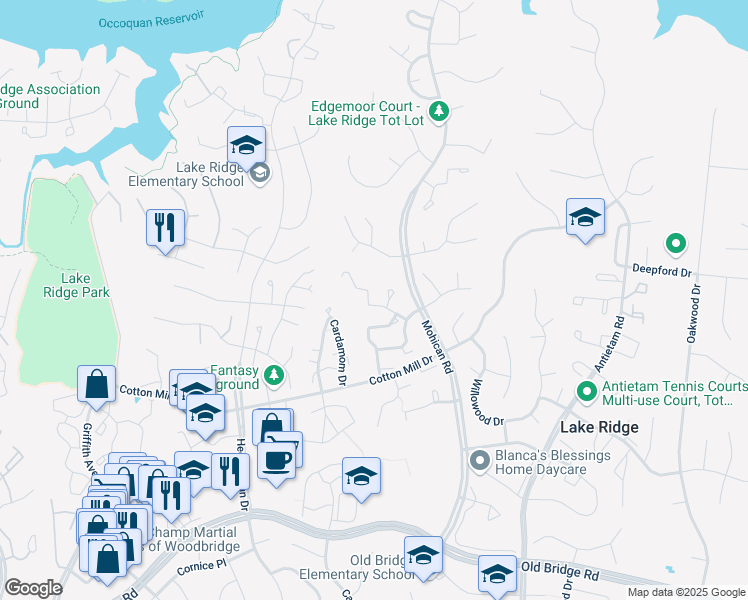 map of restaurants, bars, coffee shops, grocery stores, and more near 3200 Foothill Street in Woodbridge