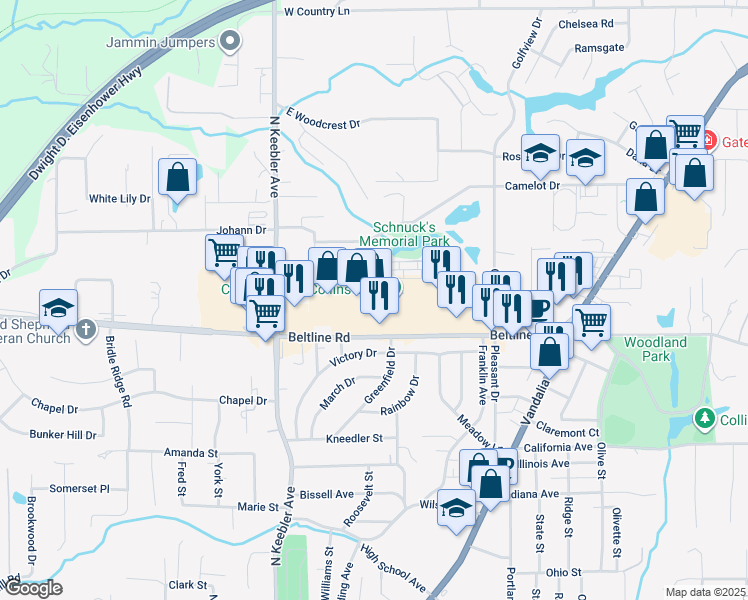 map of restaurants, bars, coffee shops, grocery stores, and more near 601 Beltline Road in Collinsville