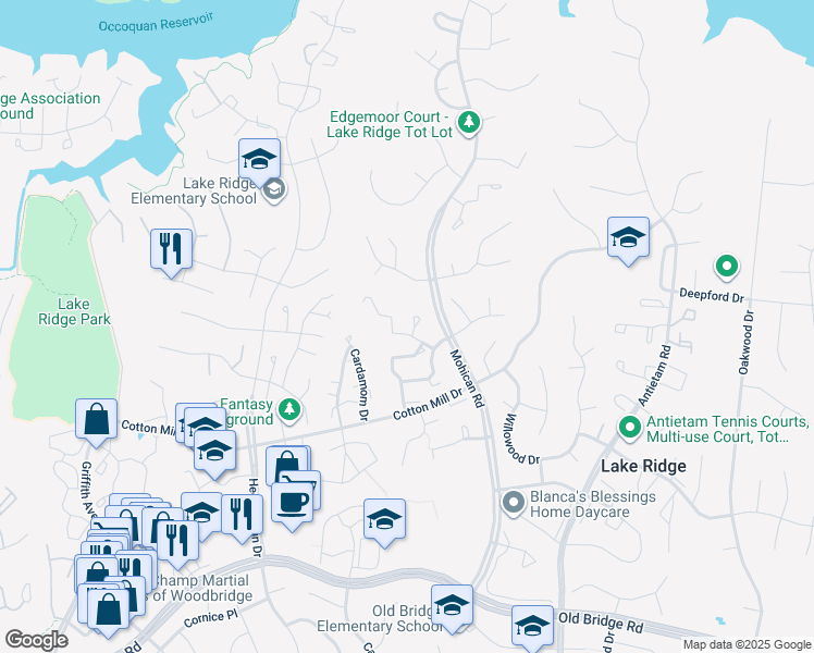 map of restaurants, bars, coffee shops, grocery stores, and more near 3169 Arrowhead Court in Woodbridge