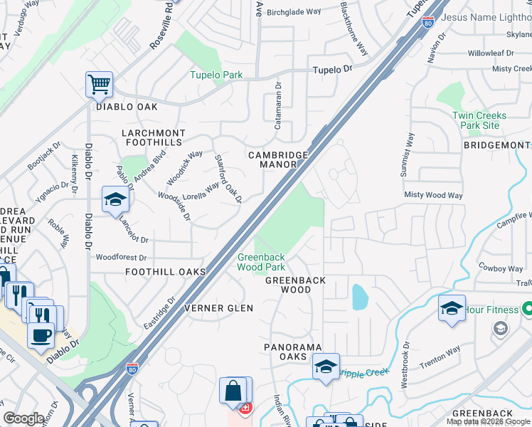 map of restaurants, bars, coffee shops, grocery stores, and more near Interstate 80 in Sacramento