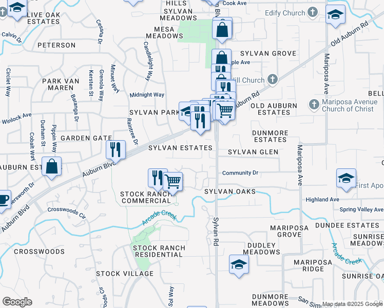 map of restaurants, bars, coffee shops, grocery stores, and more near 7547 Gallant Circle in Citrus Heights