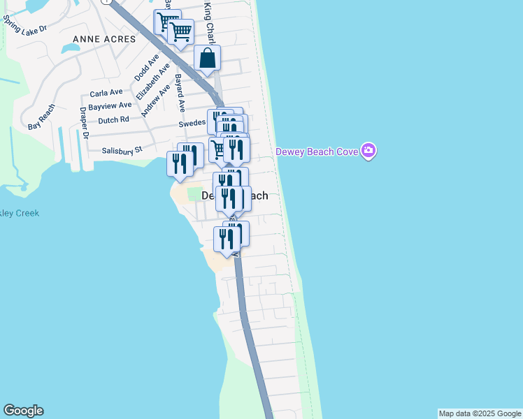 map of restaurants, bars, coffee shops, grocery stores, and more near 16 McKinley Street in Dewey Beach