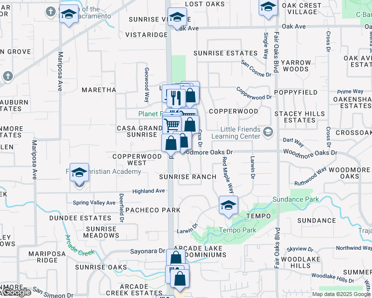 map of restaurants, bars, coffee shops, grocery stores, and more near 6945 Sunrise Boulevard in Citrus Heights