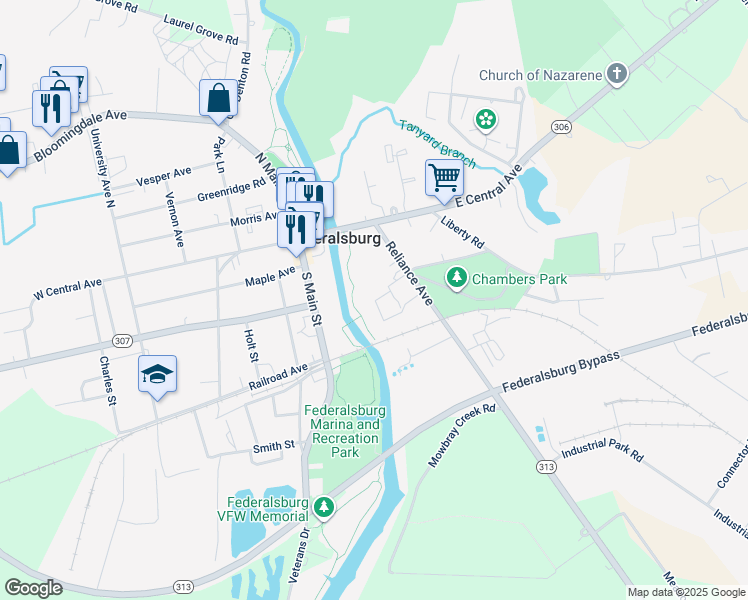 map of restaurants, bars, coffee shops, grocery stores, and more near 201 Reliance Avenue in Federalsburg