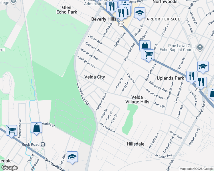 map of restaurants, bars, coffee shops, grocery stores, and more near 6924 Claremore Avenue in St. Louis