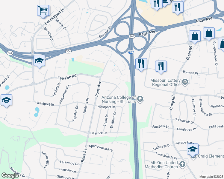 map of restaurants, bars, coffee shops, grocery stores, and more near 1669 Rathford Drive in Saint Louis