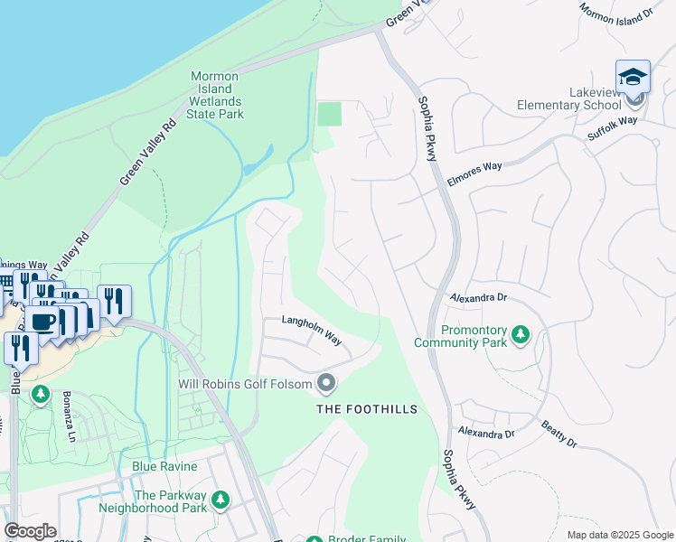 map of restaurants, bars, coffee shops, grocery stores, and more near 1492 Berriedale Court in Folsom