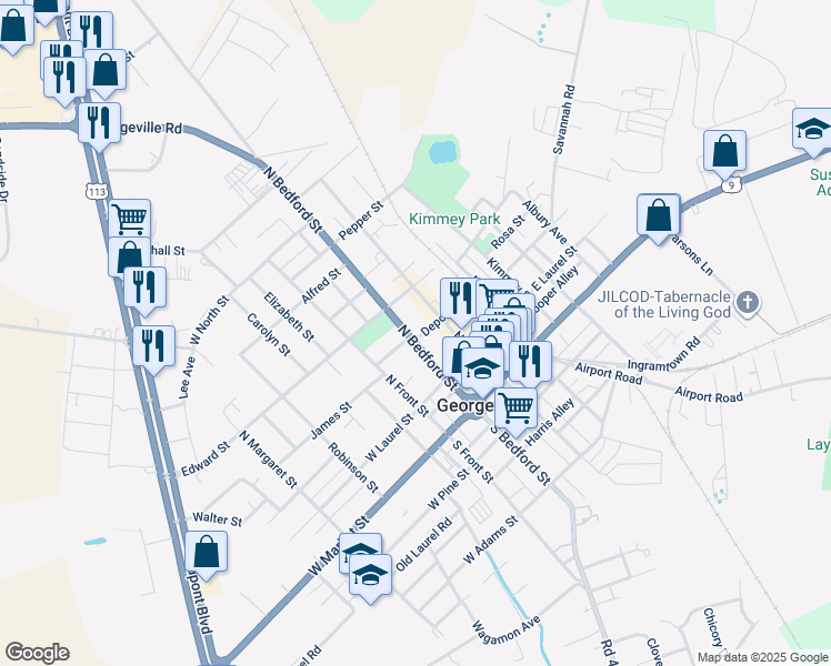 map of restaurants, bars, coffee shops, grocery stores, and more near 206 Delaware 18 in Georgetown