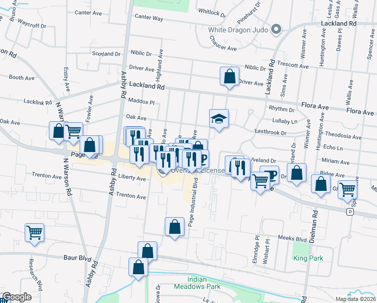 map of restaurants, bars, coffee shops, grocery stores, and more near 1746 O Connell Avenue in Overland