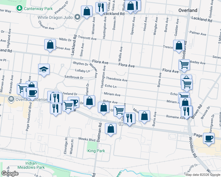 map of restaurants, bars, coffee shops, grocery stores, and more near 9706 Echo Lane in Overland