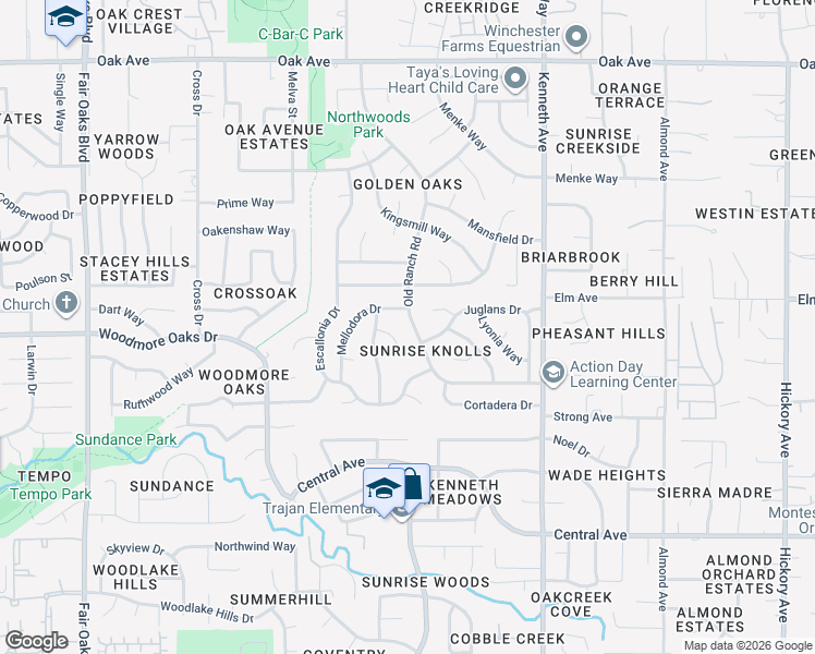 map of restaurants, bars, coffee shops, grocery stores, and more near 8381 Old Ranch Road in Orangevale
