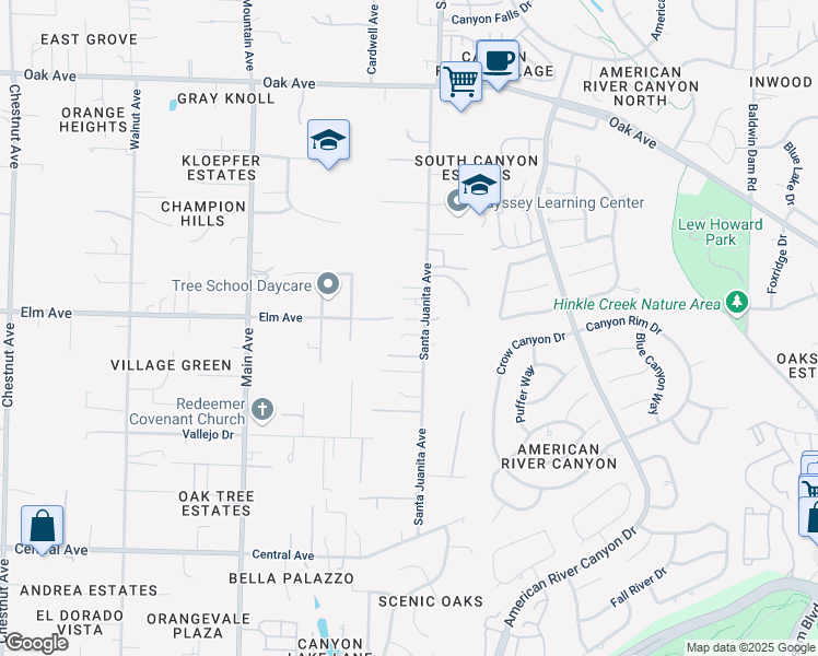 map of restaurants, bars, coffee shops, grocery stores, and more near 6941 Santa Juanita Avenue in Orangevale