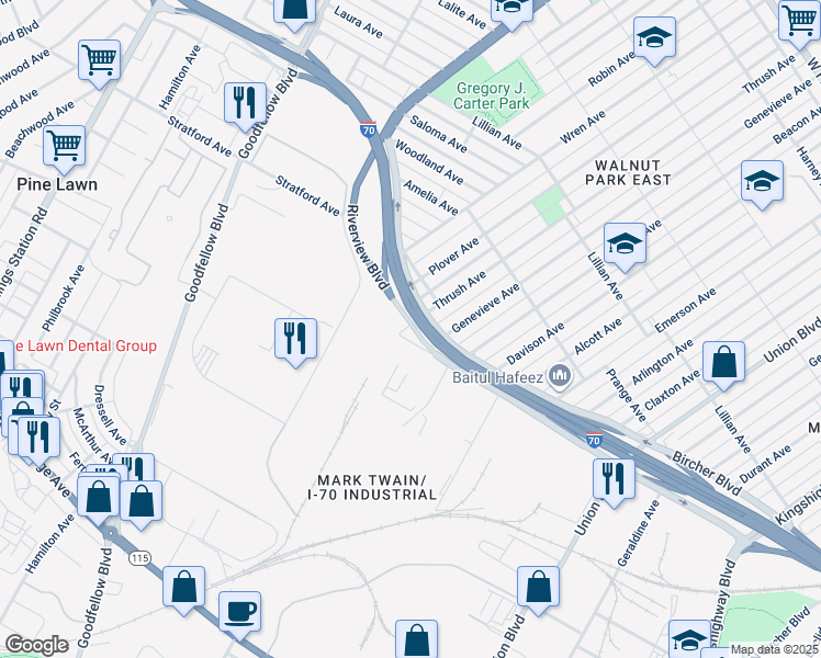 map of restaurants, bars, coffee shops, grocery stores, and more near 4523 Riverview Boulevard in St. Louis