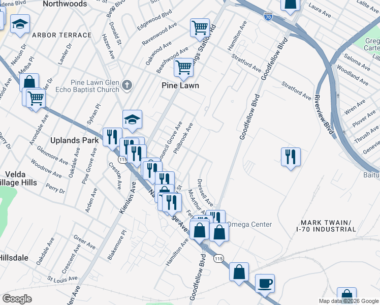 map of restaurants, bars, coffee shops, grocery stores, and more near 4233 Dardenne Drive in St. Louis