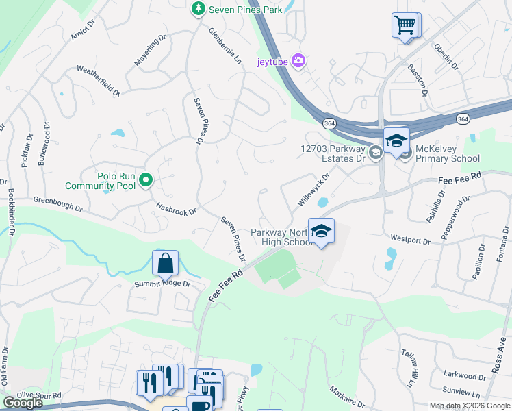 map of restaurants, bars, coffee shops, grocery stores, and more near 25 Willowyck Court in St. Louis