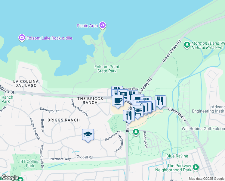 map of restaurants, bars, coffee shops, grocery stores, and more near 1433 Cummings Way in Folsom
