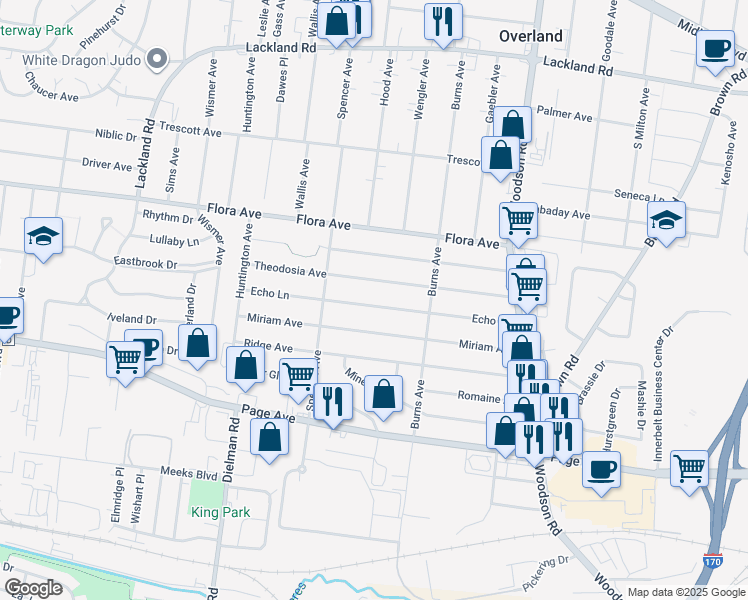 map of restaurants, bars, coffee shops, grocery stores, and more near 9527 Echo Lane in Overland