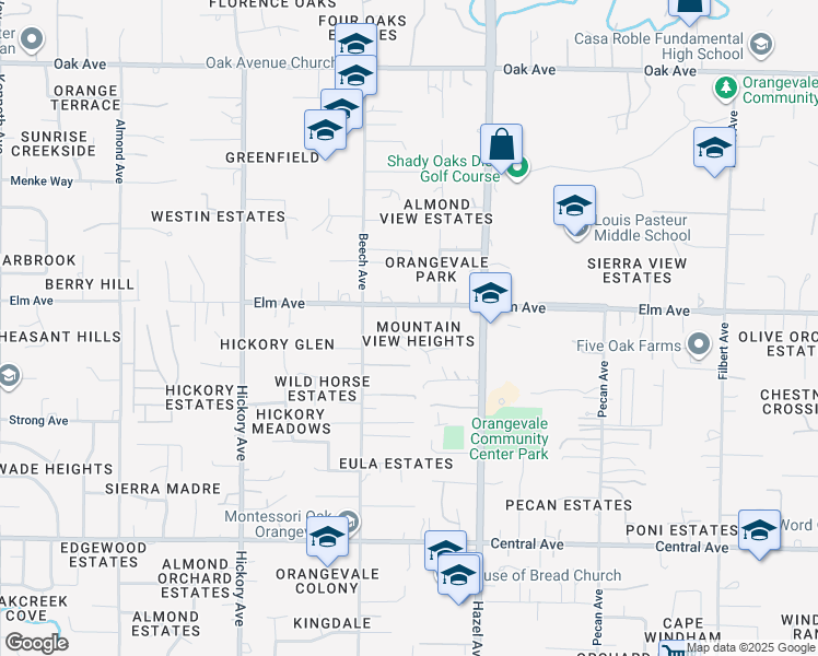 map of restaurants, bars, coffee shops, grocery stores, and more near in Orangevale