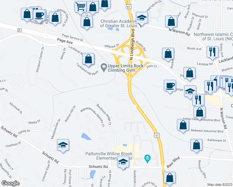 map of restaurants, bars, coffee shops, grocery stores, and more near 1535 Oak Forest Spur Drive in St. Louis