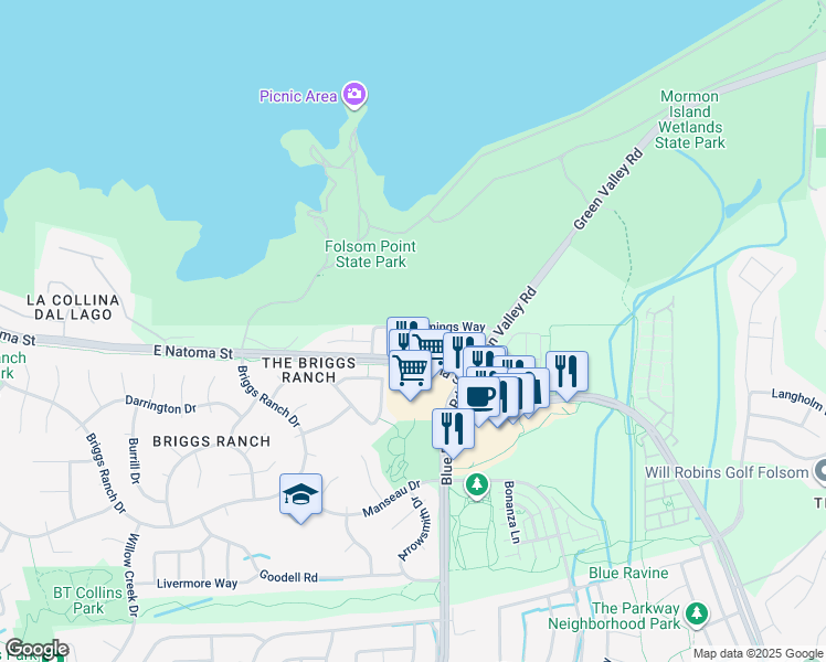 map of restaurants, bars, coffee shops, grocery stores, and more near 1486 Durfee Court in Folsom