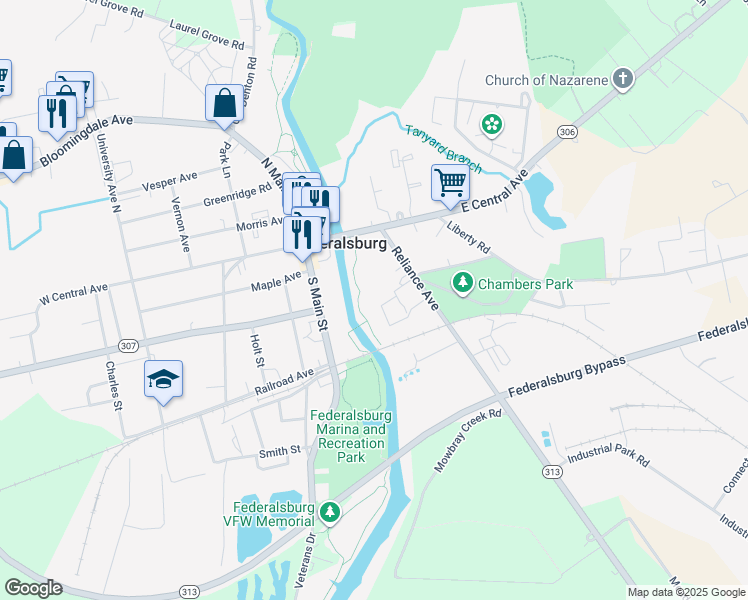 map of restaurants, bars, coffee shops, grocery stores, and more near 201 Reliance Avenue in Federalsburg