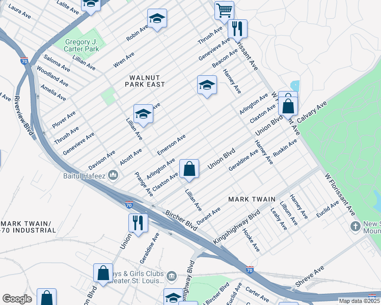map of restaurants, bars, coffee shops, grocery stores, and more near 5054 Arlington Avenue in St. Louis