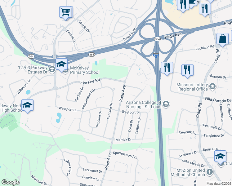 map of restaurants, bars, coffee shops, grocery stores, and more near 1650 Fontana Drive in St. Louis