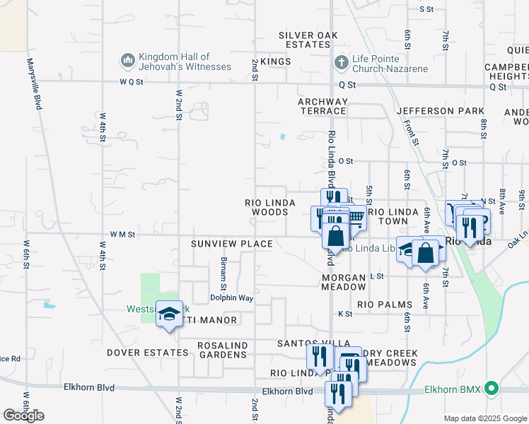 map of restaurants, bars, coffee shops, grocery stores, and more near 210 Berry Oak Court in Rio Linda