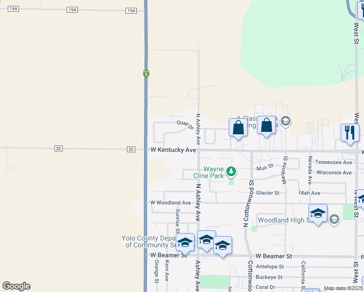 map of restaurants, bars, coffee shops, grocery stores, and more near 345 West Kentucky Avenue in Woodland