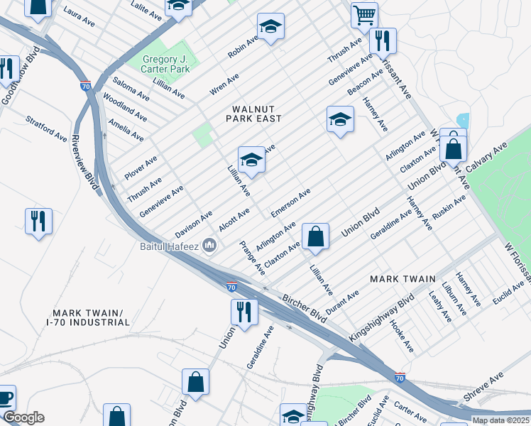 map of restaurants, bars, coffee shops, grocery stores, and more near 5001 Emerson Avenue in St. Louis