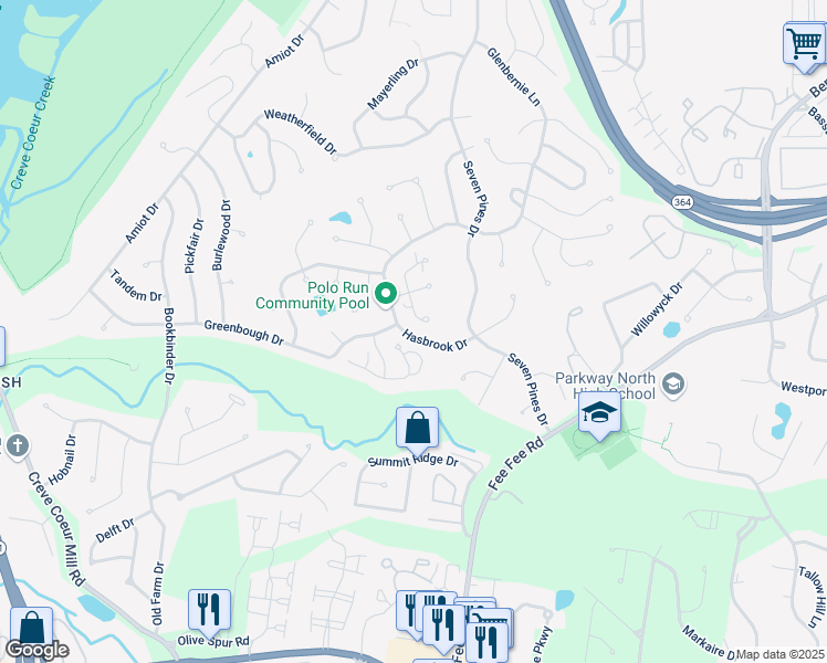 map of restaurants, bars, coffee shops, grocery stores, and more near 13043 Midfield Terrace in St. Louis