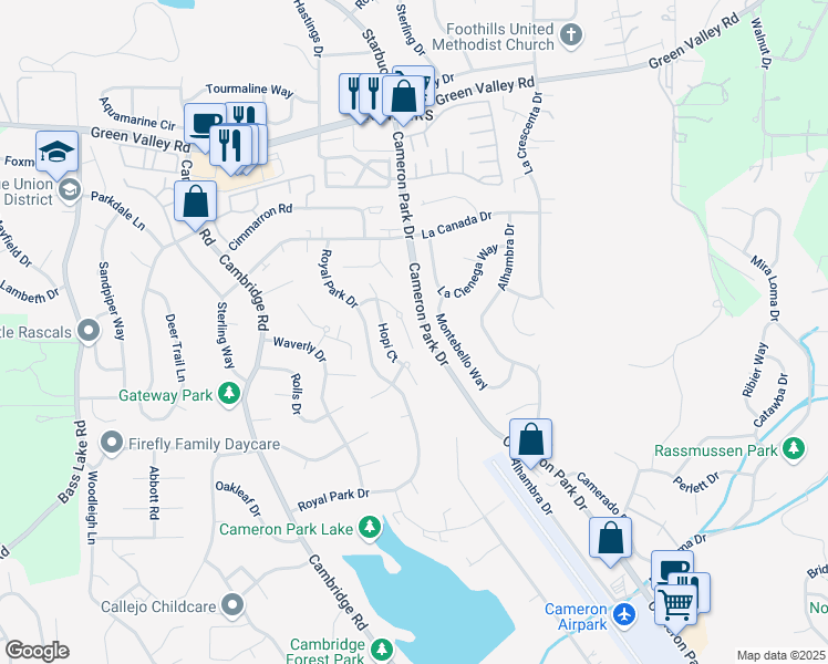 map of restaurants, bars, coffee shops, grocery stores, and more near 3415 Bristol Court in Cameron Park