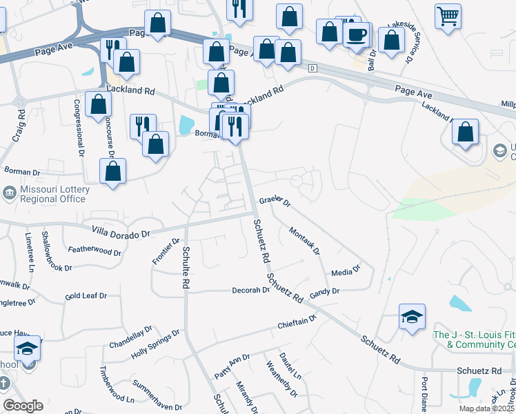 map of restaurants, bars, coffee shops, grocery stores, and more near 1798 Schuetz Road in St. Louis