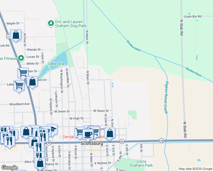map of restaurants, bars, coffee shops, grocery stores, and more near 480 North 2nd Street in Scottsburg