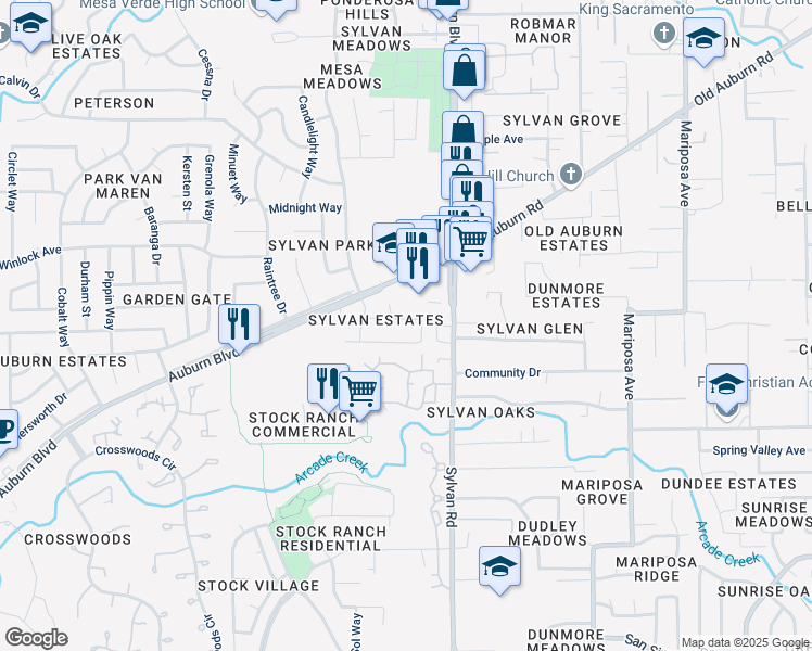 map of restaurants, bars, coffee shops, grocery stores, and more near 7535 Gallant Circle in Citrus Heights