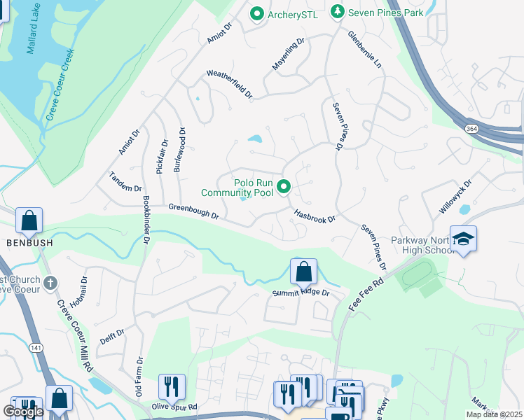 map of restaurants, bars, coffee shops, grocery stores, and more near 1808 Greenbough Court in St. Louis