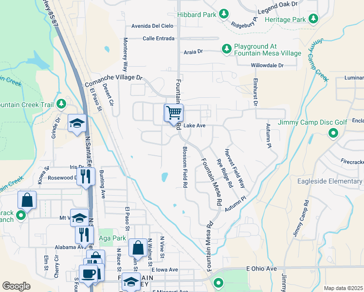 map of restaurants, bars, coffee shops, grocery stores, and more near 649 Blossom Field Road in Fountain