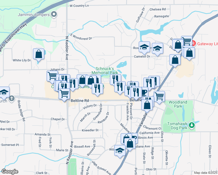 map of restaurants, bars, coffee shops, grocery stores, and more near 501 Beltline Road in Collinsville