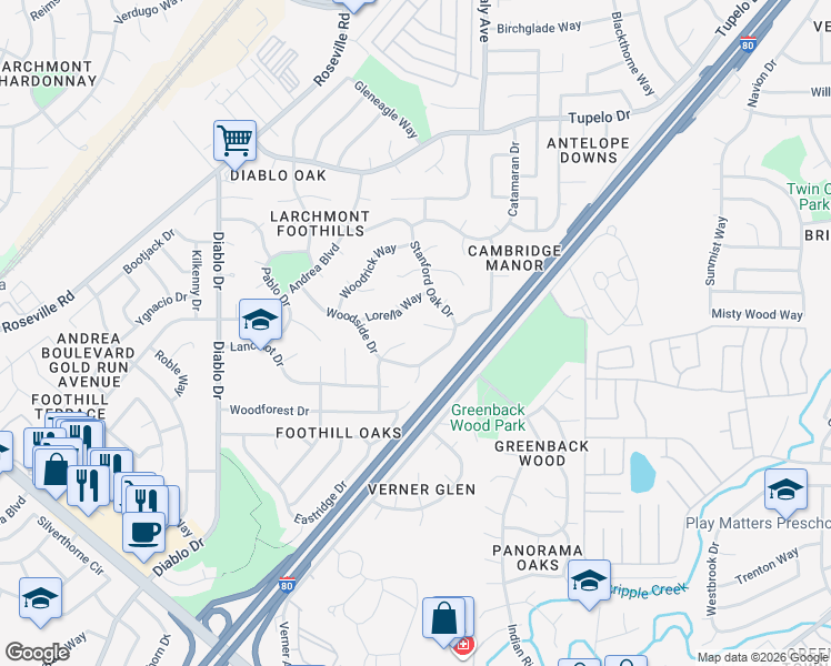 map of restaurants, bars, coffee shops, grocery stores, and more near 5802 Longs Peak Place in Sacramento