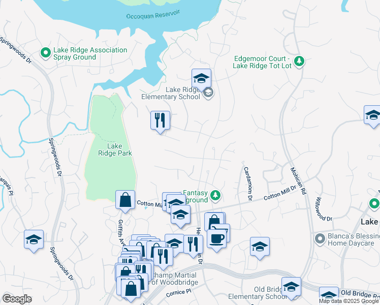 map of restaurants, bars, coffee shops, grocery stores, and more near 3408 Fort Lyon Drive in Woodbridge