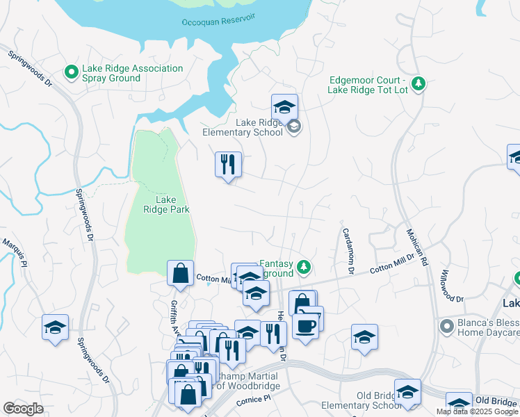 map of restaurants, bars, coffee shops, grocery stores, and more near 3414 Fort Lyon Drive in Woodbridge