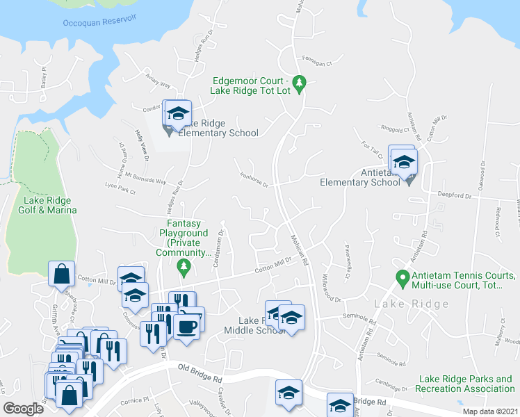 map of restaurants, bars, coffee shops, grocery stores, and more near 3179 Arrowhead Court in Woodbridge