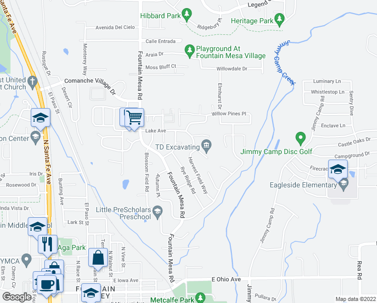 map of restaurants, bars, coffee shops, grocery stores, and more near 745 Harvest Field Way in Fountain