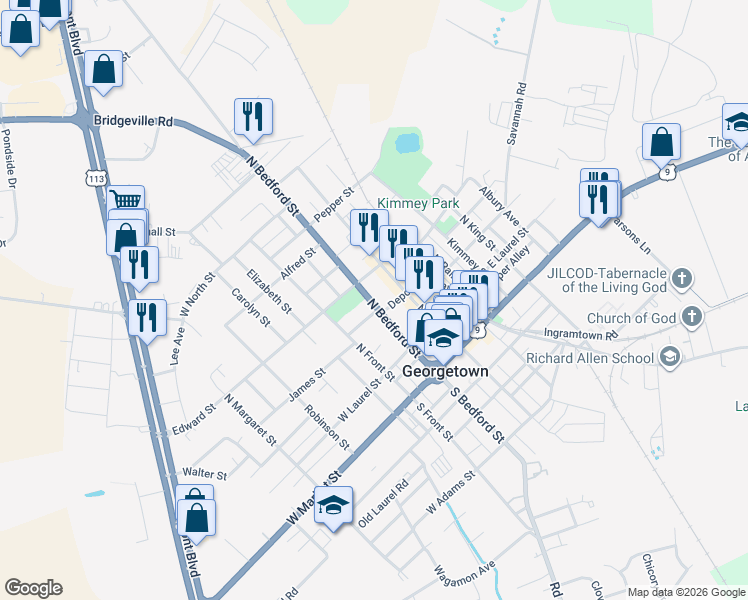 map of restaurants, bars, coffee shops, grocery stores, and more near 206 Delaware 18 in Georgetown