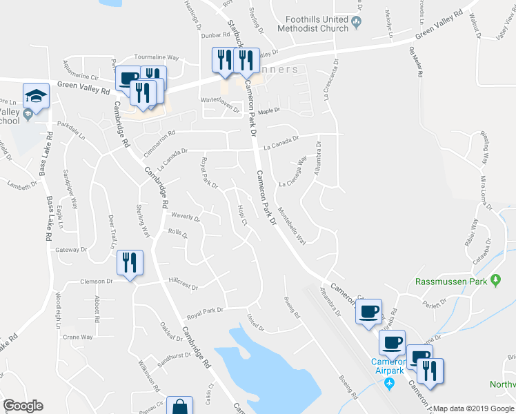 map of restaurants, bars, coffee shops, grocery stores, and more near 3411 Bristol Court in Cameron Park