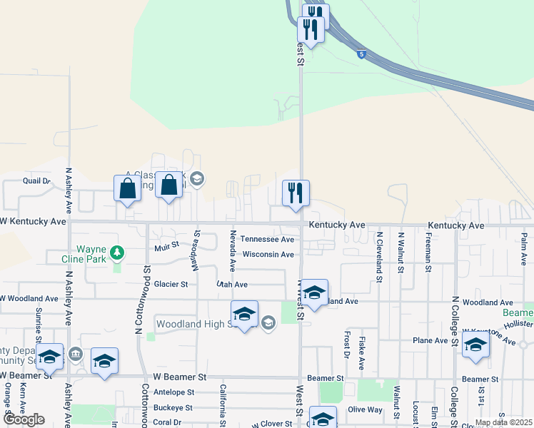 map of restaurants, bars, coffee shops, grocery stores, and more near 435 Aspen Street in Woodland