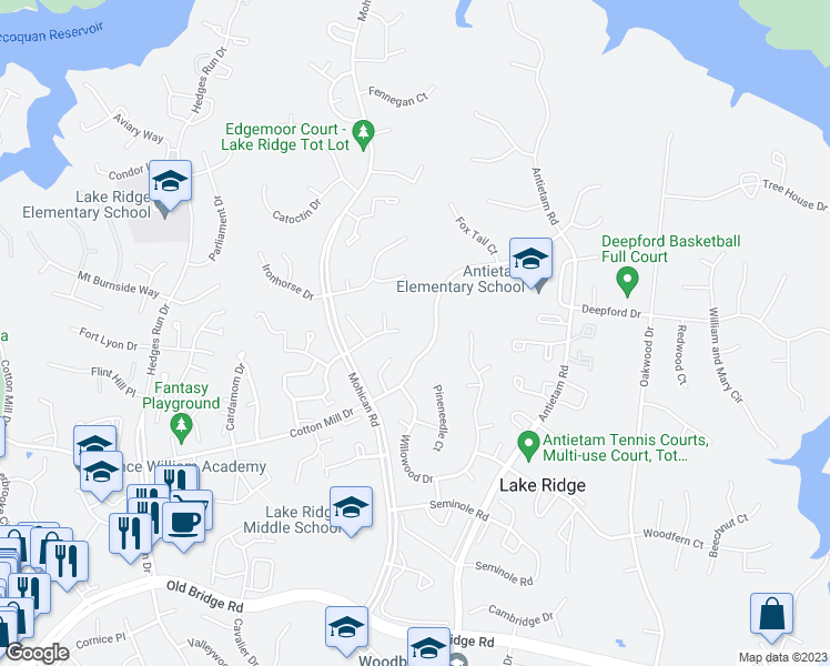 map of restaurants, bars, coffee shops, grocery stores, and more near 12036 Stoneford Dr in Woodbridge