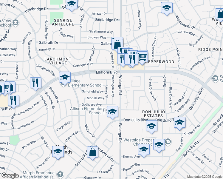 map of restaurants, bars, coffee shops, grocery stores, and more near 6905 Weddigen Way in North Highlands