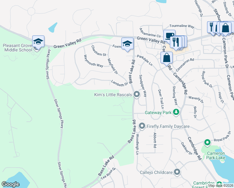 map of restaurants, bars, coffee shops, grocery stores, and more near 2512 Bass Lake Road in Rescue
